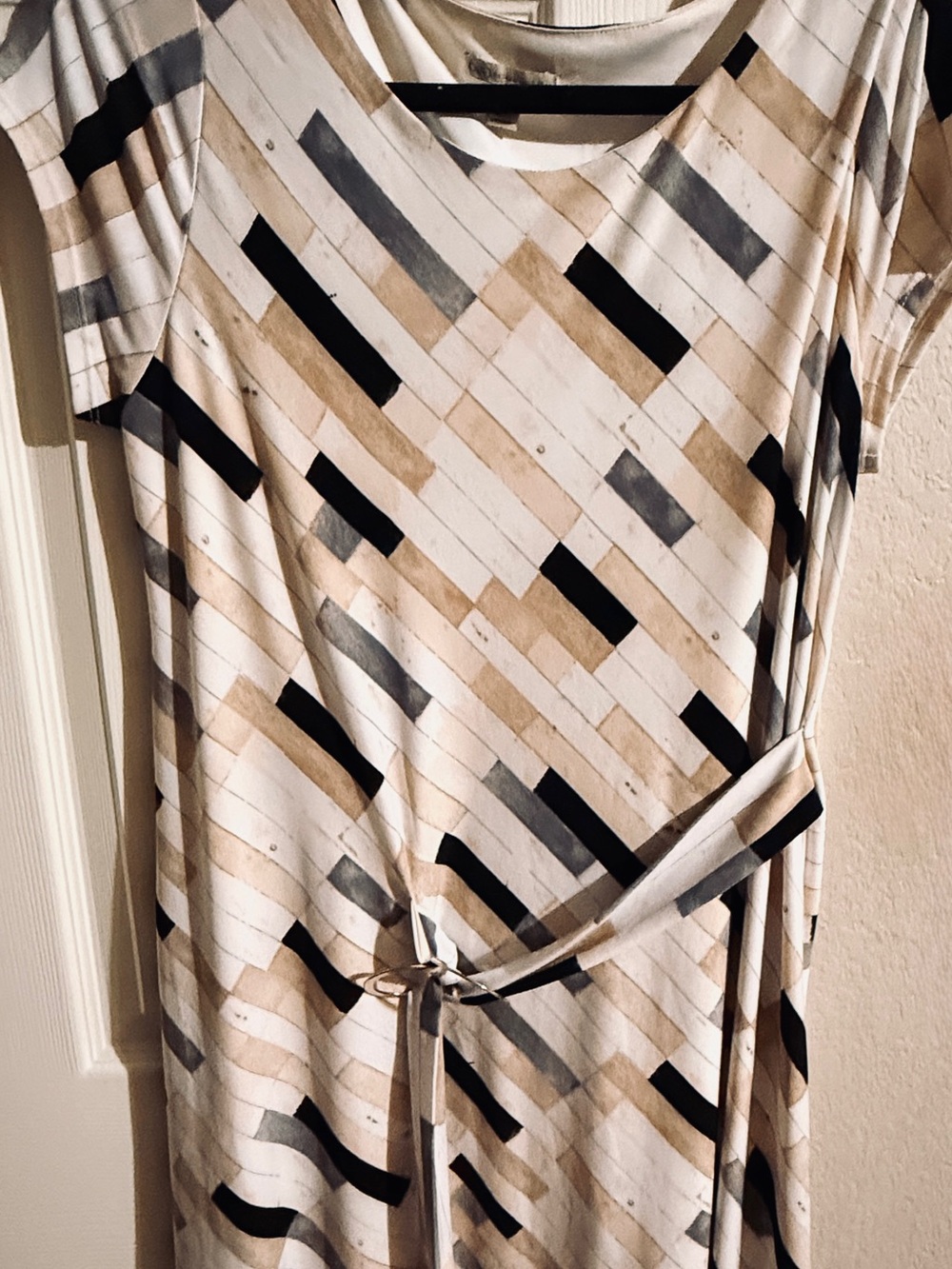 Cato Geometric Tie-Waist Midi Dress in Cream, Black and Tan
